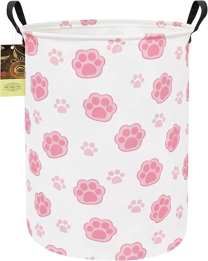 Collapsible Fabric Storage Basket, Waterproof Laundry Hamper with Handles, Round Storage Bin for Clothes Toys, Foldable Organizer for Bedroom Nursery Bathroom(Round-Pink Paw)
