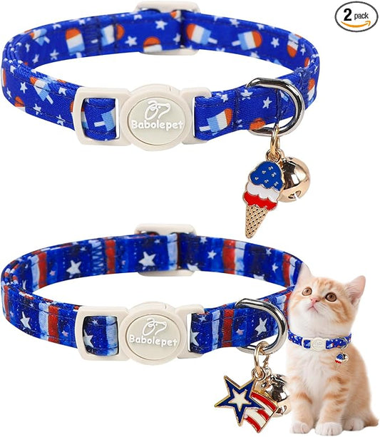 2 Pack 4th of July Cat Collars - Blue Stars & Stripes and Patriotic Popsicle Breakaway Cat Collars, Adjustable Soft Boy Girl Kitten Collar for Small Dogs Puppy with Bell & Pendant