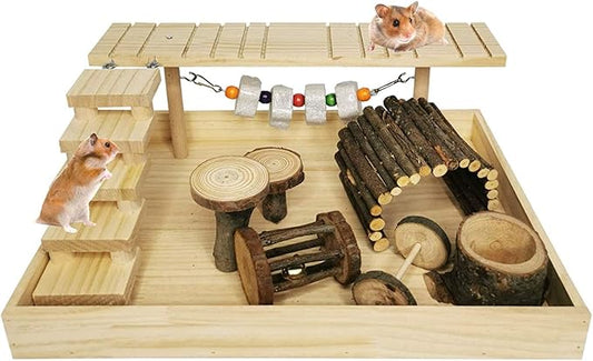 Hamiledyi Dwarf Hamster Activity Playground Natural Wood Gerbil Climbing Platform Mice Living Gym System Set Syrian Exercise Cage Accessories with Lava Stone String Chewing Toy Ladder Bridge Ramp