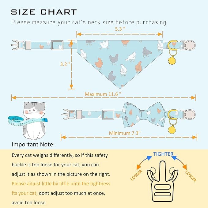 Faygarsle 2 Pack Chicken Pattern Cat Collar Set with Bandana and Bowtie, Light Blue, Breakaway Safety Clasp with Bell