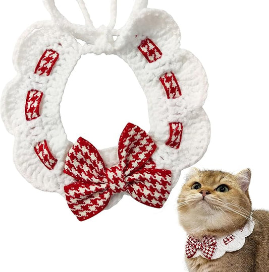 Elegant Lace Cat Collar with Cute Bow,Kitty Collars with Bow Tie,Pet Lace Bib Collar with Cute Bow,Cat Princess Costumes,Red,1 Piece