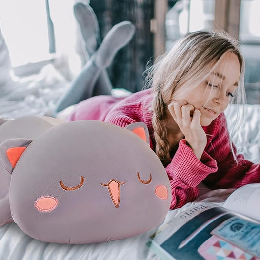 FUYU Cat Stuffed Animals, Soft Cat Plush Pillow Kawaii Kitten Stuffed Animal Toy Gifts for Kids Boys Girls Room Decor (Gray Squinted,27in/67cm)