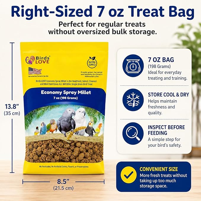 Birds LOVE Economy Special Spray Millet | GMO-Free (No Stems Only Edible Tops) for Birds Cockatiel, Lovebird, Parakeet, Finch, Canary All Parrots Healthy Treat 7 oz -Pack of 2