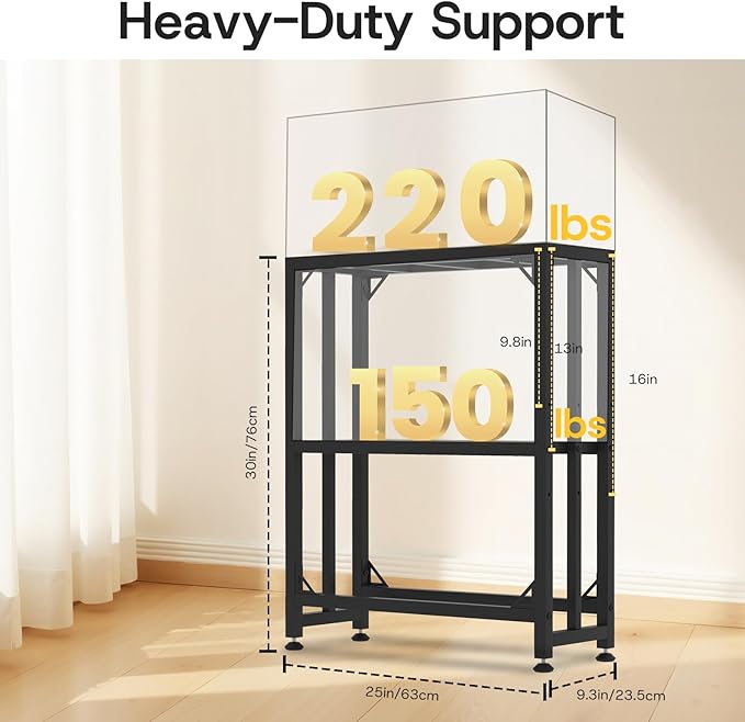 Fish Tank Stand,10 Gallon Heavy Duty Metal Aquarium Stands, Reptile Tank, Turtle Tank, Breeder Tank Stand, 220LBS Capacity Terrarium Stand Rack with 2-Tier Storage Shelves (Black, 24.8"x9.2"x30")