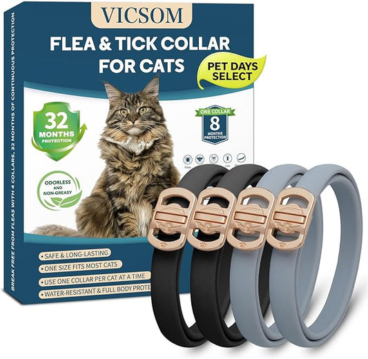Flea and Tick Collar for Cats - 4 Pack, 32 Month Protection Treatment, Waterproof, Natural Prevention, Adjustable for Cats & Kittens (Black Grey)