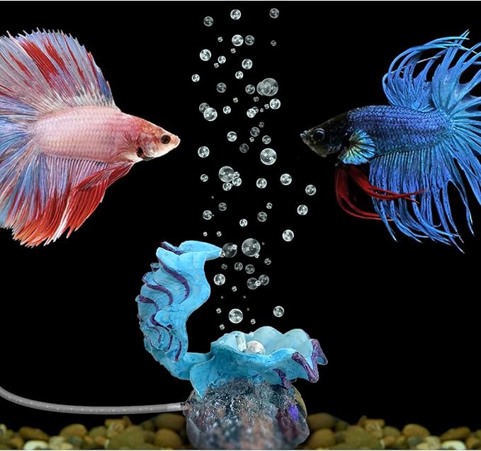 WishLotus Aquarium Decorations - Durable Resin Simulation Pearl Scallop Fish Tank Landscape Decorations - Pneumatic Opening and Closing Bubble Ornaments - Blue