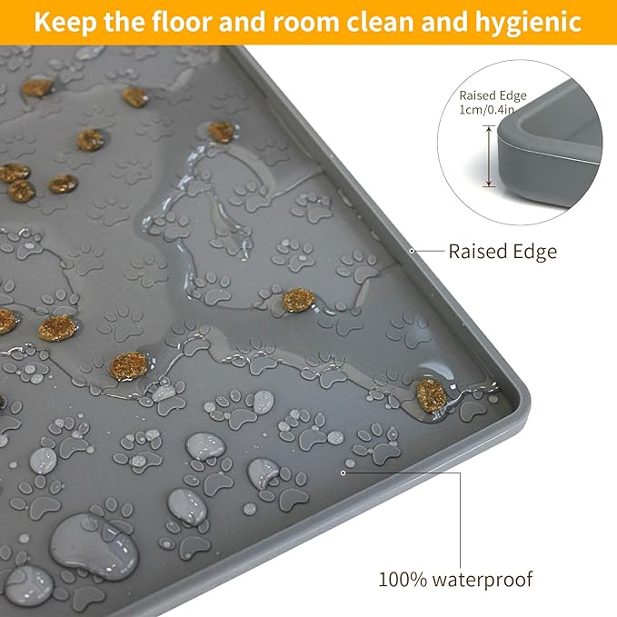 Ptlom Grey Pet Placemat for Dog and Cat, Waterproof Non-Slip Silicone Feeding Bowl Mat Prevent Food and Water Overflow, Puppy Dish Feeder Fountain Trays Suitable for Medium and Small Pets
