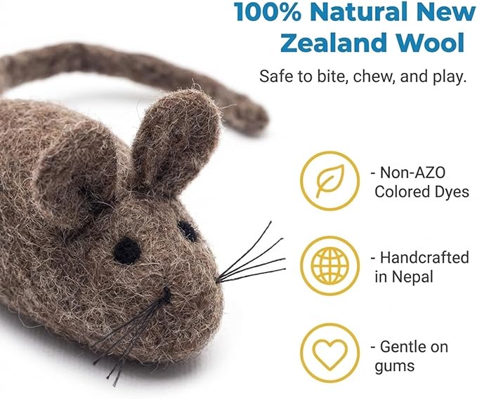 Glaciart One Felt Mouse Cat Toy – Soft Fuzzy Enrichment 100% Natural Wool - Interactive Catnip Play Cat Toy Set - Safe for Pets, Non-AZO Colored Dyes - 100” Long
