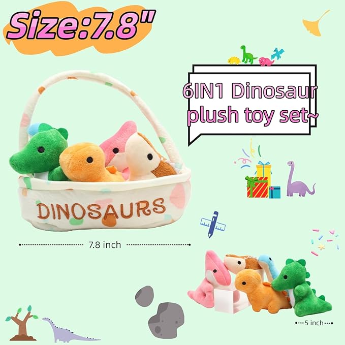 Dinosaur Plush Toy Set, 5pcs Soft Stuffed Dino Toys in Basket, 7.87in Interactive Plush Animal Figures – Birthday, Christmas, Kids Gift for Boys & Girls, Room Decor