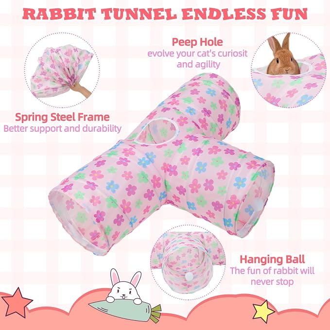 BWOGUE Bunny Tunnels & Tubes Collapsible 3 Way Bunny Hideout Small Animal Activity Tunnel Toys for Dwarf Rabbits Guinea Pigs Kitty