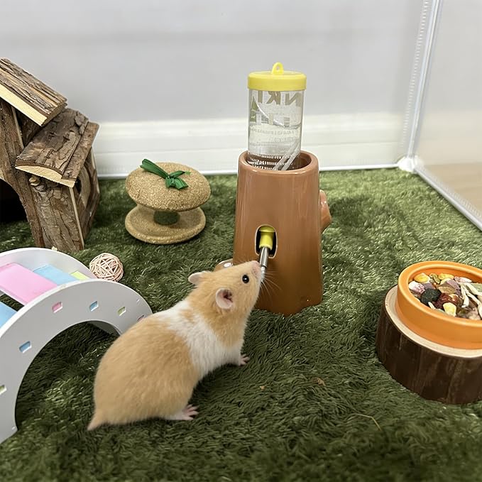 Hamster Water Bottle Ceramic Hamster Water Dispenser No Drip Feeder with Food Bowl for Mice Rats Hedgehog Chinchilla
