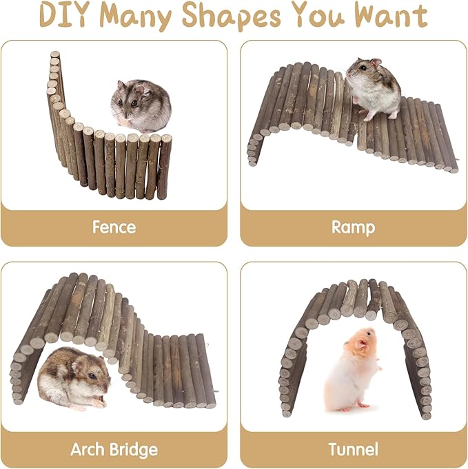 Hamiledyi 2 PCS Natural Wood Hamster Bridge, Bendable Climbing Ladder Small Animal Cage Accessories for Dwarf Hamster, Gerbils, Mice, Sugar Glider (15.7×5.9 in)