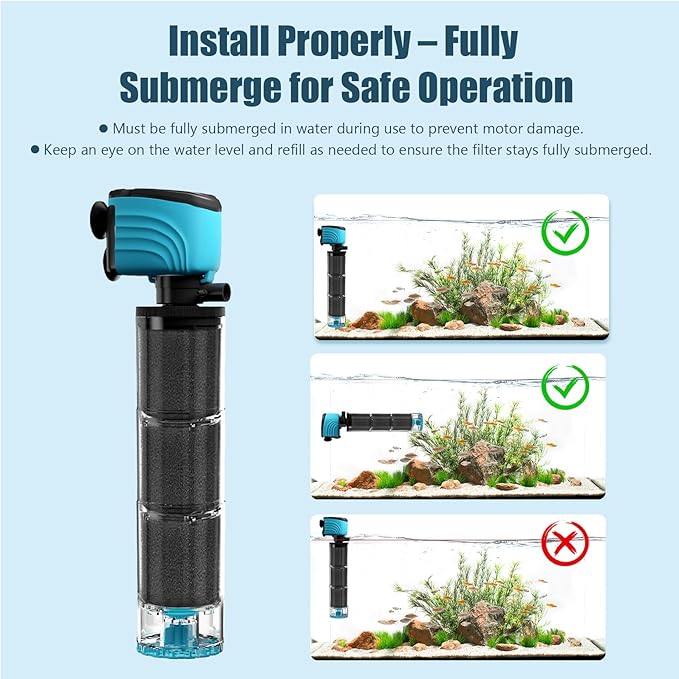 Submersible Aquarium Filter, Upgraded 100-300 Gallon Fish Tank Filter with Fish Guard, 660GPH Internal Whisper Pump, Fresh/Saltwater, Debris Tray, Check Valve, 12-Inch
