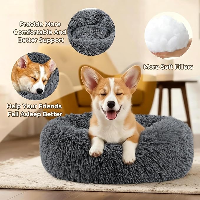 Calming Extra Large Donut Dog Bed, Anti-Anxiety Round Soft Fluffy Plush Faux Fur Washable Anti-Slip Pet Bed for Medium Dogs Up to 45 lbs 32in Darkgray