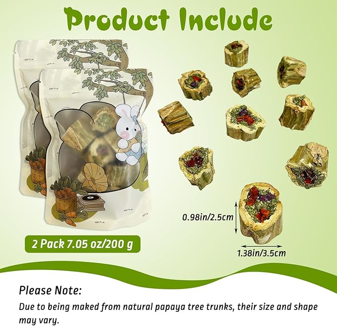 PINVNBY Rabbit Chew Toys Natural Papaya Wood Bunny Treats with Grass Carrot Apple and Sweet Potato Guniea Pig Molar Snacks for Hamster Chinchilla Gerbil Small Animals Teeth Grinding (7.05 oz)