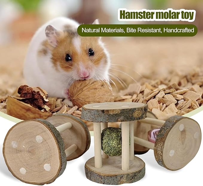 Hamster Rabbit Chew Toy Natural Wooden Play Toy, Wood Teeth Grinding Toy with Bell for Parrot, Rabbit, Chinchilla, Guinea Pig, Hamster Small Animals Toys for Pet Supplies