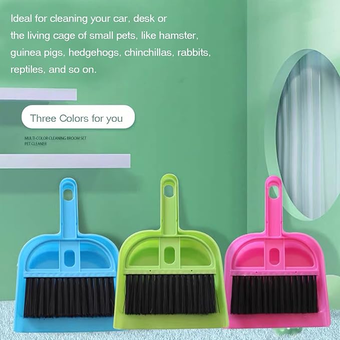 SEIS 3 Pack Hamster Mini Dustpan and Broom Set Guinea Pig Classical Besom Chinchillas Sweeper Cavy Cage Clean Hedgehogs Scooper for Small Animal (Pink)