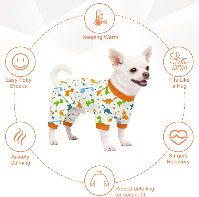 Dog Pajamas for Small Medium Dogs Recovery Suit Dog Pjs Dog Onesie Cute Soft Breathable Puppy Pajamas Pet Spring Summer Stretchy Pjs for Boy Girl - Orange Dinosaurs