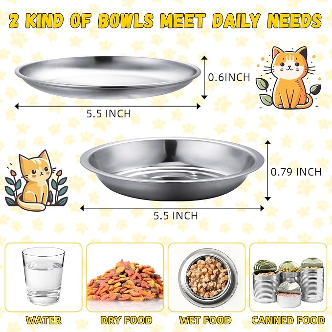 Domensi 8 Pieces Stainless Steel Cat Bowls 5.5 Inch Wide Flat Cat Dish Small Plate for Kittens Ferrets Wet and Dry Food