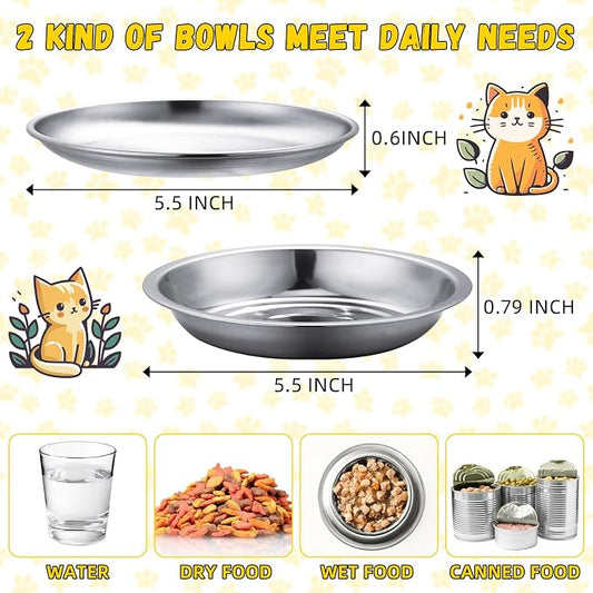 Domensi 8 Pieces Stainless Steel Cat Bowls 5.5 Inch Wide Flat Cat Dish Small Plate for Kittens Ferrets Wet and Dry Food