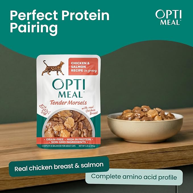 Optimeal Wet Cat Food Variety Pack - Savory Protein Selection, Grain Free Tender Morsels, High Protein Premium Nutrition Made with Natural European Ingredients, Cat Pouches 3oz (Chicken & Salmon)