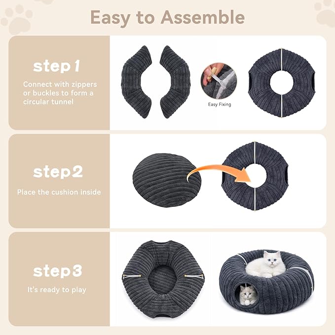 Cat Tunnel Bed, Peekaboo Hideaway Cave for Indoor Cats, Machine Washable Kitten Bed, Cat Donut, Dachshund Tunnel Bed for Small Dogs, Upgraded Striped Hare Feel Fabric (Deep Grey)