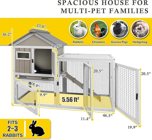 47''L Rabbit Hutch Outdoor Chicken Coop with Run, Wooden Indoor 2 Story Bunny House with Waterproof Roof, Pull Out Tray, Guinea Pig Rabbit Duck Cage for Small to Medium Animals and Pet Lover, Gray