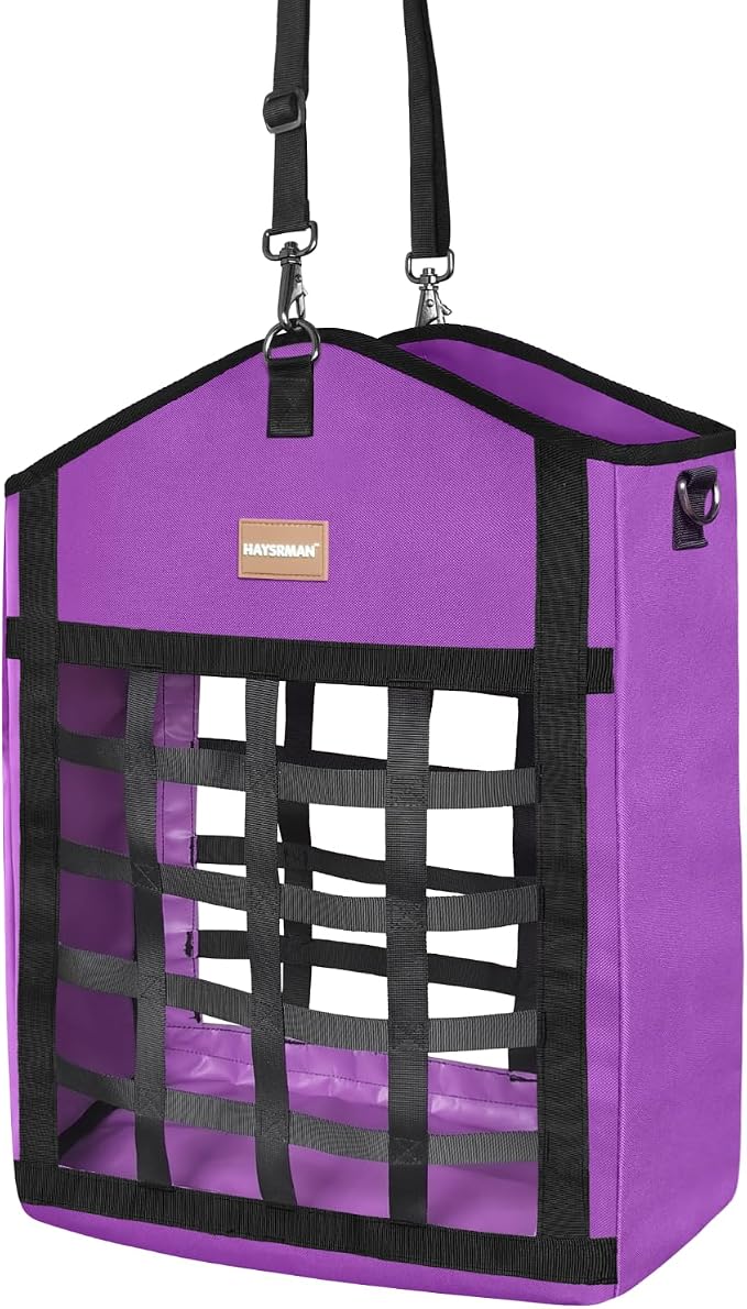 Innovative Hay Bags for Horses, Goat Hay Feeder with Reinforced Oxford Fabric and High Strength Metal Clasp,Horse Feeding Supplies with Adjustable Strap for Easy Hanging (Purple-1pack)