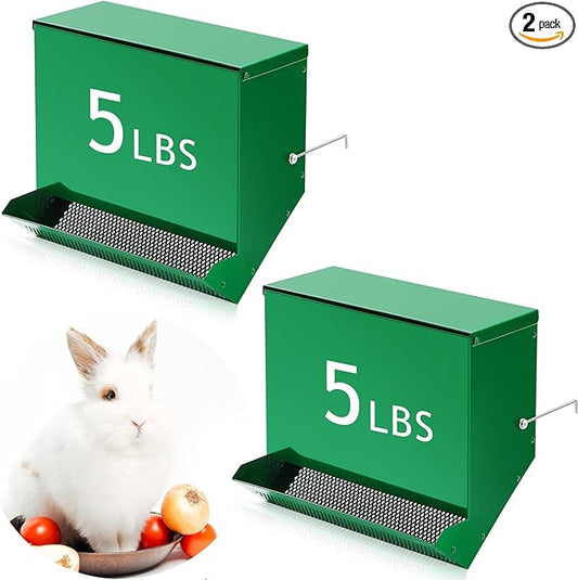 Maxcheck 2 Pcs Rabbit Feeder for Cages Small Animal Food Pellet Dispenser with Lid Metal Chicken Grit Oyster Shell Squirrel Feeders Outside(11.8 Inches,Mesh Bottom,Green)