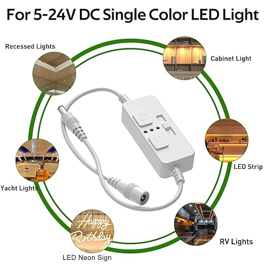 AIBOO Single Color Slider Dimmer with Timer - PWM 1pc DC 5V/12V/24V LED Controller, 36W Max, Slide Brightness Control & Auto-Off for LED Strip Lights, Closet, Counter, Aquarium Lighting (White)