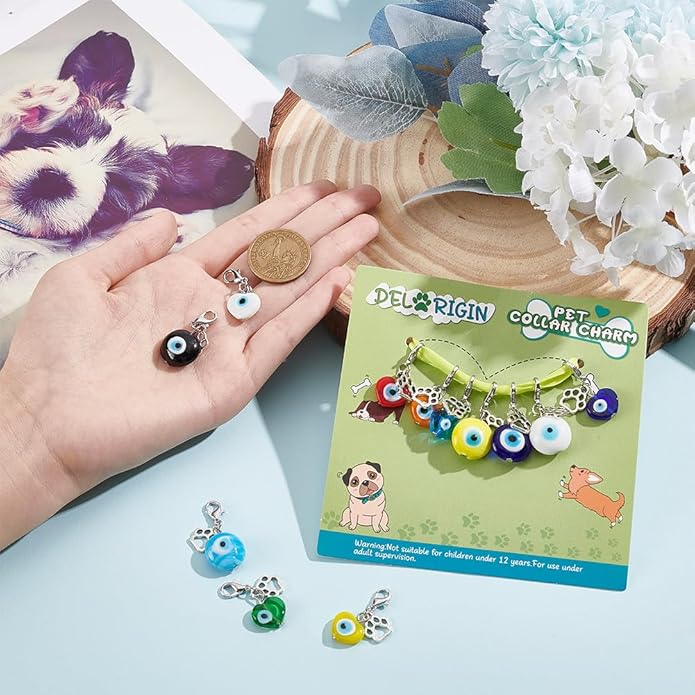 12pcs Evil Eye Pet Collar Pendants for Cat Dog Heart Bead Jewelry Charms Lucky Dog Paw Pet Collar Pendants Clip-on Charms for Bag Decor Keychain Pet Necklace Training Home Decoration