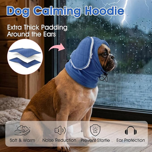 Dog Ear Cover, Dog Ear Muffs Noise Protection & Anxiety Relief, Adjustable Ear Calming Hoodie with Thick Padding, Soft Dog Ear Wrap for Fireworks, Drying, Grooming, Travel (Blue, S)