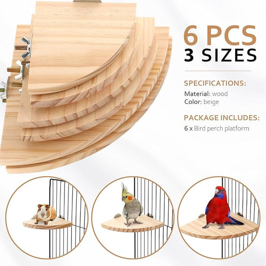 Wettarn 6 Pcs Bird Perch Platform Bird Corner Parrot Perch Corner Wooden Stand Sector Playground Cage Accessories Shelf for Parakeet Conure Cockatiel Budgie Gerbil Rat (Assorted Sizes,Platform)