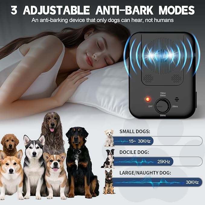 Dog Bark Deterrent Device, Automatic Ultrasonic Anti Barking Device with Long Range 50FT, Rechargeable Bark Control Box with 3 Adjustable Modes, Safe & Humane Dog Silencer for Indoor & Outdoor