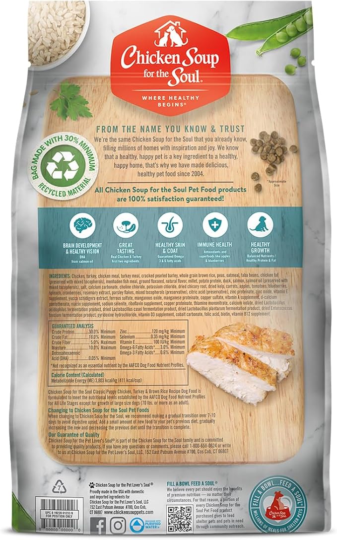 Chicken Soup for The Soul All Natural Premium Dry Puppy Food, Real Meat First Ingredient, No by-Products, Supports Brain Development & Strong Bones & Teeth, Chicken, Turkey & Brown Rice, 13.5lb