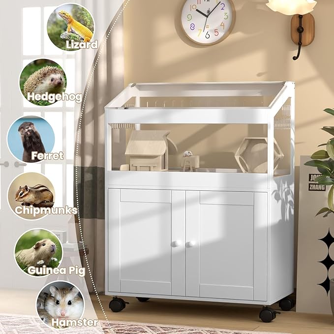 Hamster Cage with Storage Cabinet – Acrylic Panels for 360° Viewing, Ideal for Hamsters, Rabbits, Guinea Pigs, and Hedgehogs, White