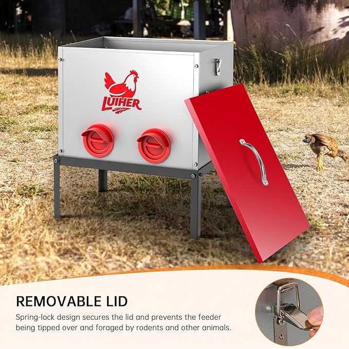 LUIHER Chicken Food Dispenser 40lb 6 Ports Large Capacity Galvanized Metal Poultry Feeder with Legs and Lids - Reduces Refilling Frequency - No Waste Chicken Feeding Equipment for Hen Coop