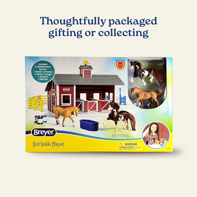 Breyer Stablemates Red Stable Set with Two Horse Figurines - Premium Horse Barn Toy for Kids - Educational Collectible Equestrian Gift for Kids - Imaginative Play Set