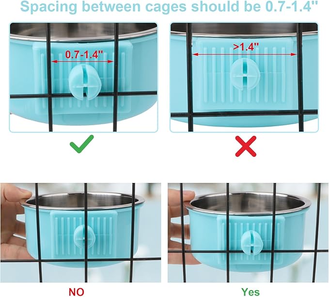 Hypeety Dog Crate Water Bowl No Spill - Hanging Attachable Pet Bowls for Kennel Durable Stainless Steel Food Water Dishes for Small Dogs Cats Rabbits Parrots with Non-Slip Base (Blue 2pcs)