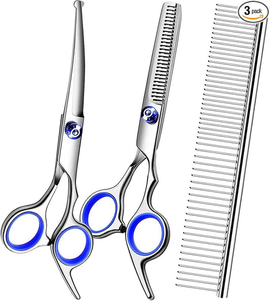 Dog Grooming Scissors Kit, Premium Stainless Steel Dog Shears with Curved Shears, Sharp Durable for Dogs Cats+Blue 3 Piece