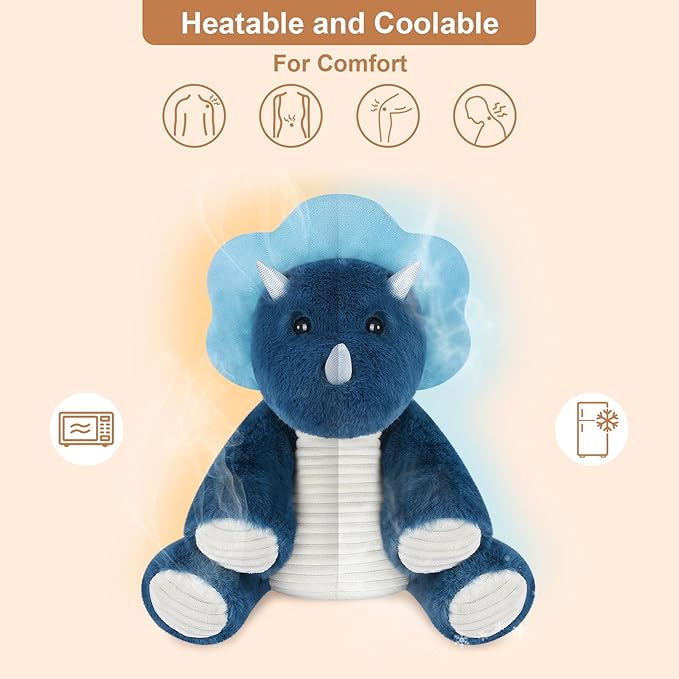 SuzziPals Microwavable & Coolable Triceratops Dinosaur Stuffed Animals, Heated Stuffed Animal Heating Pads for Soothing & Relaxation, Navy Blue Dino Plush for Stress Relief, Plushies Dinosaur Gifts