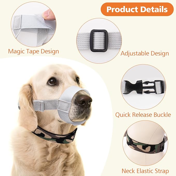 Coppthinktu Dog Muzzle with No-Escape Elastic Neck Collar, Soft Adjustable Muzzle for Small Medium Large Dogs, Breathable Dog Mouth Guard to Prevent Biting Barking & Chewing (Gray L)