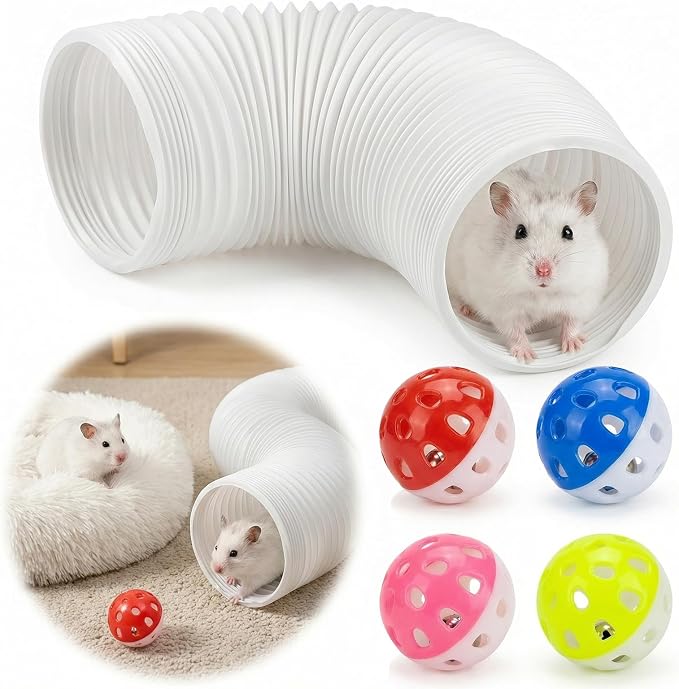 Hamster Collapsible Tunnel Tube Toys with 4 Bell Balls, Expandable Small Animal Hideout Exercise Toy 7.8inch Unextended 32.7inch Extended for Guinea Pig Gerbil Rat Ferret (White)