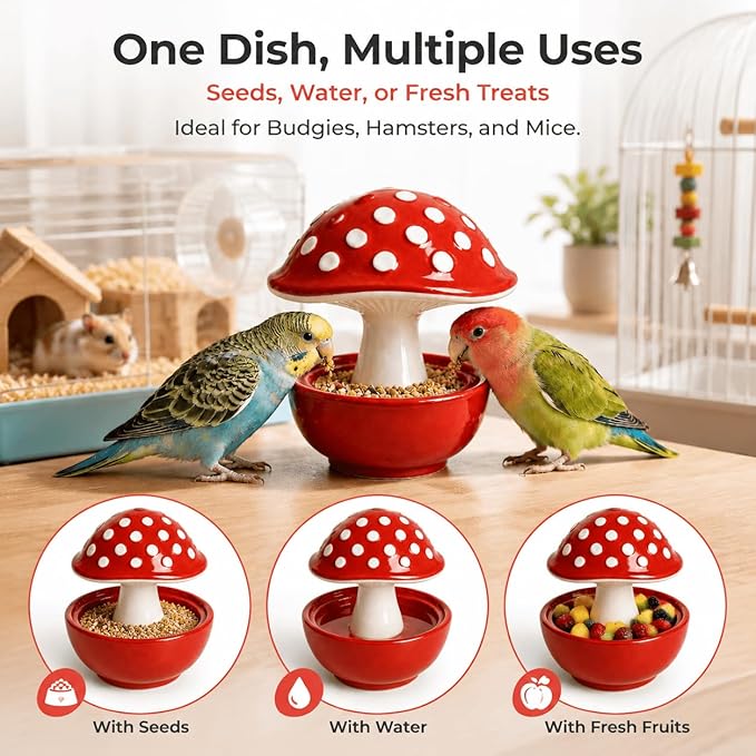 Ceramic Mushroom Bird Feeder No Mess, Spill Proof Bird Food and Water Bowl for Cage, Covered Dispenser for Parakeet, Budgie, Cockatiel, Lovebird, Hamster Accessories, 4.3" Tall