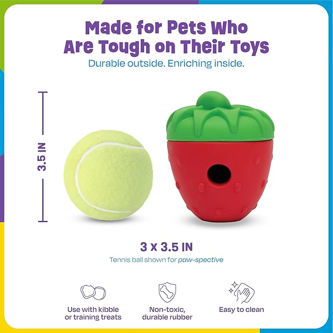 Brightkins Tough & Tumble 2-Piece Strawberry, Enrichment Puppy Essentials, Dog Birthday Treat Pouch Gifts, Training Dog Accessories, Container Slow Feeder Dispensing, Puzzle Feeder (Pack of 2)