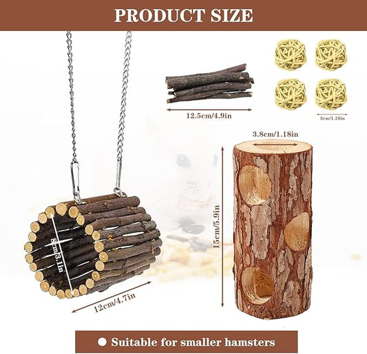 Natural Wooden Hamster Tunnels & Hideouts – Chew-Safe Birch Trunk Tubes for Dwarf Hamsters, Gerbils, Mice – Cage Accessories, Exercise Toy, Forest-Themed Small Pet Habitat (4pcs)