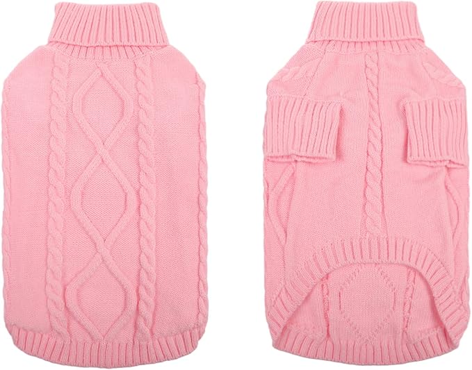 Queenmore Small Dog Pullover Sweater, Cold Weather Cable Knitwear, Classic Turtleneck Thick Warm Clothes for Chihuahua, Bulldog, Dachshund, Pug, Yorkie (Pink, X-Large)
