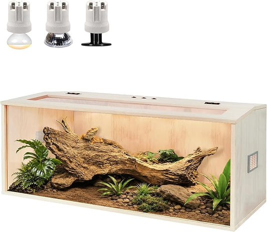 PROLEE Bearded Dragon Tank,Wooden Reptile Tank and Lizard Tank,Tempered Glass Large Bearded Dragon Enclosure with Built-in Lamp Fixture (48X20X20inch,80 Gallons)