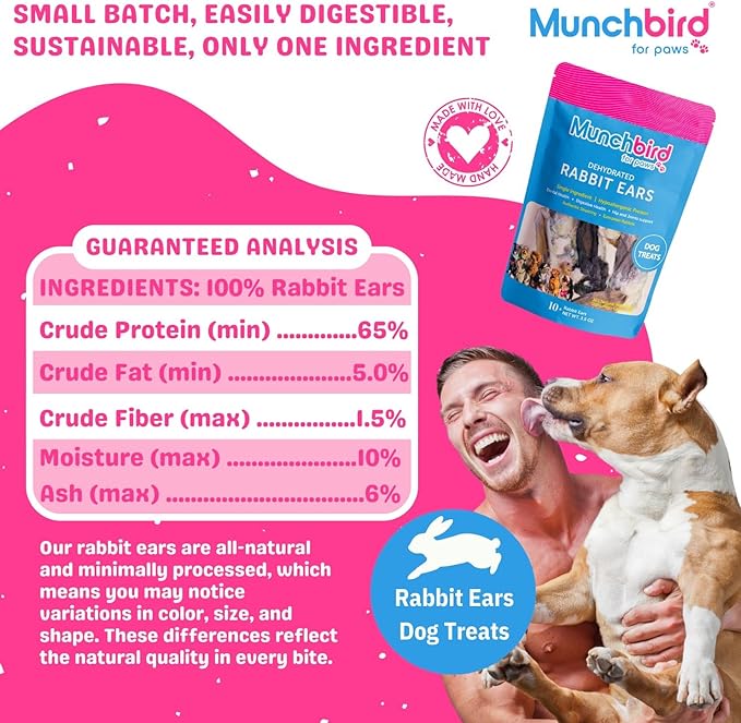 Munchbird Dehydrated Rabbit Ears 100g (3.5 oz) 12-15 pcs for Dogs, European Furry Rabbit Ear Natural Fiber for Pets, Rawhide Free Alternative to Pig Ears Dog Treats, Ear Size Varies
