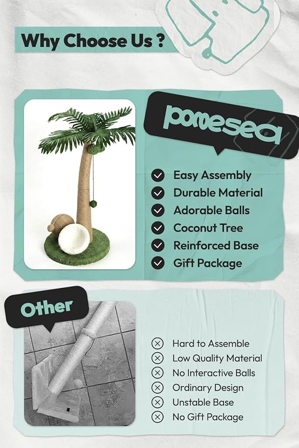 33" Tall Cat Scratching Post, Natural Jute Cat Scratcher for Indoor Cats,Twin Coconuts & Tree Design with Hanging Toy Ball & Rest Platform,Stable Furniture Protector for Kittens & Adult Cats,M